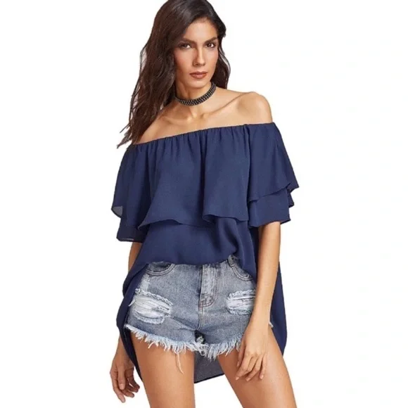 Off Shoulder Ruffled Overlay Tunic Blouse Navy - Picture 2 of 7